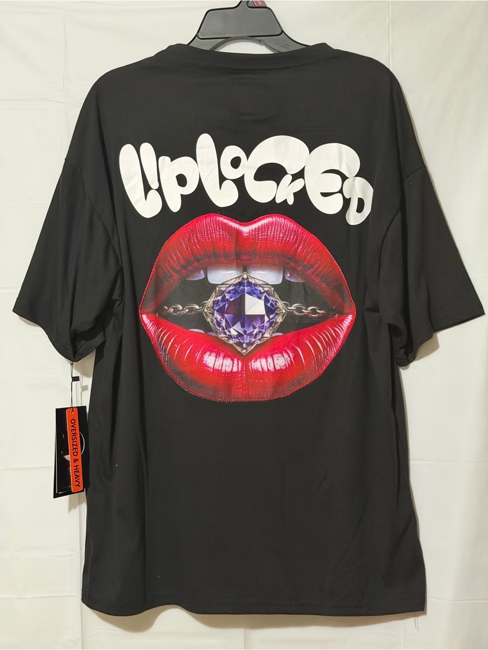 Unlaced Black Graphic Tee with Red Lips Jewel Print